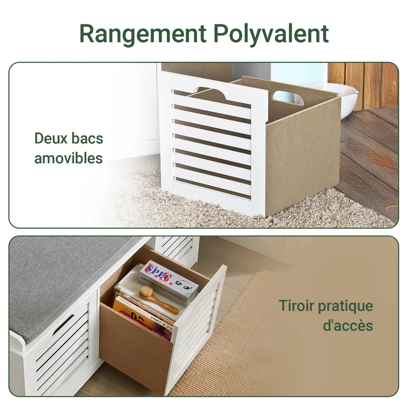 SoBuy FSR23-W Banc à Chaussures avec Coussin Rembourré et 3 Paniers de Rangement pour Entrée – 105x35x43 cm, Blanc