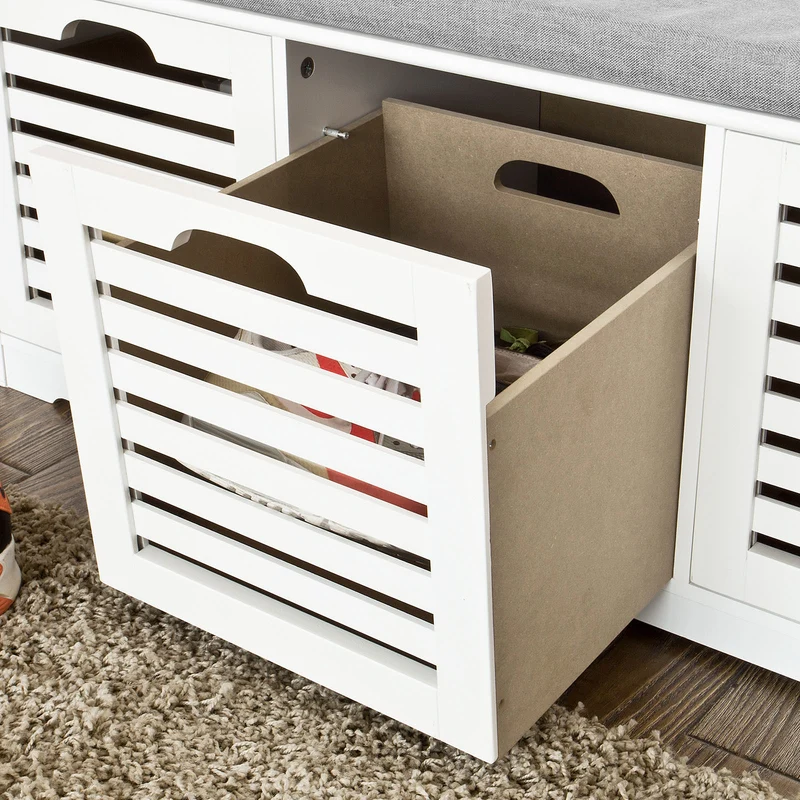 SoBuy FSR23-W Banc à Chaussures avec Coussin Rembourré et 3 Paniers de Rangement pour Entrée – 105x35x43 cm, Blanc