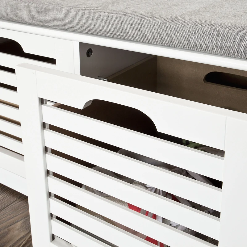 SoBuy FSR23-W Banc à Chaussures avec Coussin Rembourré et 3 Paniers de Rangement pour Entrée – 105x35x43 cm, Blanc