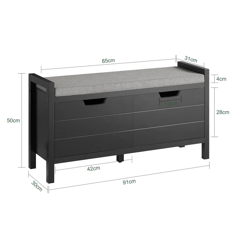 SoBuy FSR63-II-SCH Banc à Chaussures avec Coussin Rembourré et 2 Portes – L91×P30×H50 cm, Charge 150 kg, MDF E1, Noir