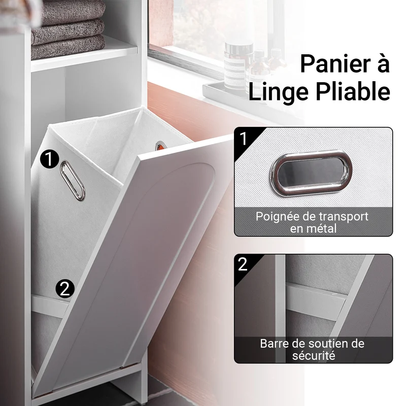 SoBuy BZR161-W Meuble Salle de Bain avec Panier à Linge, Sac Amovible, Format Compact, pour Salle de Bain et WC, Rangement Optimisé – L30×P30×H97 cm, Blanc