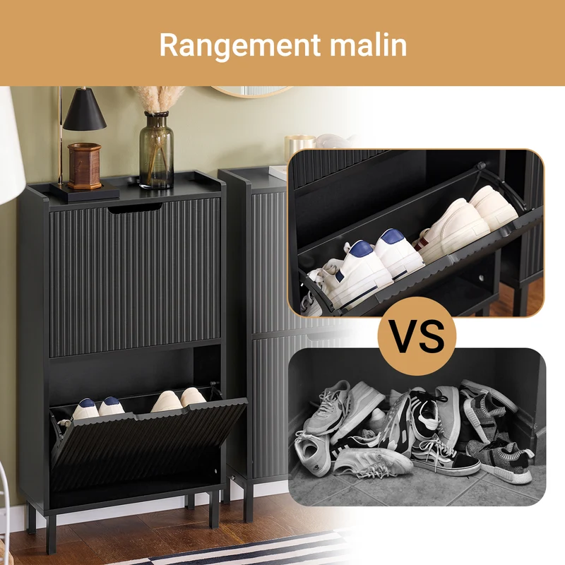 SoBuy FSR177-SCH Armoire à Chaussures 2 Abattants – 4 à 6 Paires, 19 cm de Profondeur, Anti-Basculement – 50×19×90 cm, Noir