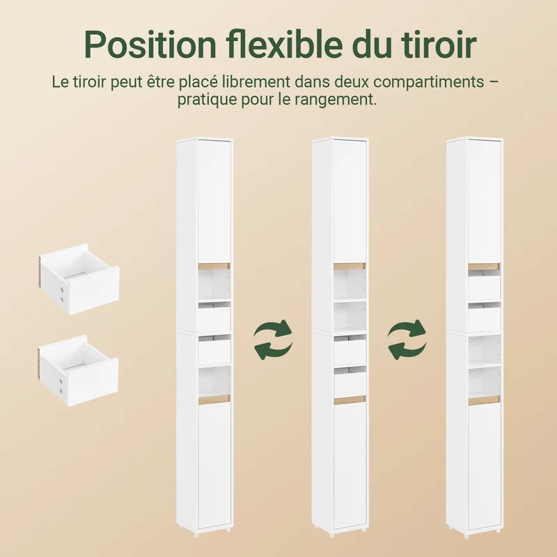 SoBuy BZR151-W Meuble de Salle de Bain Ultra-Étroit avec Étagère Réglable et Tiroir Repositionnable – L20×P20×H96 cm, Charge 30 kg, PB/MDF E1, Blanc