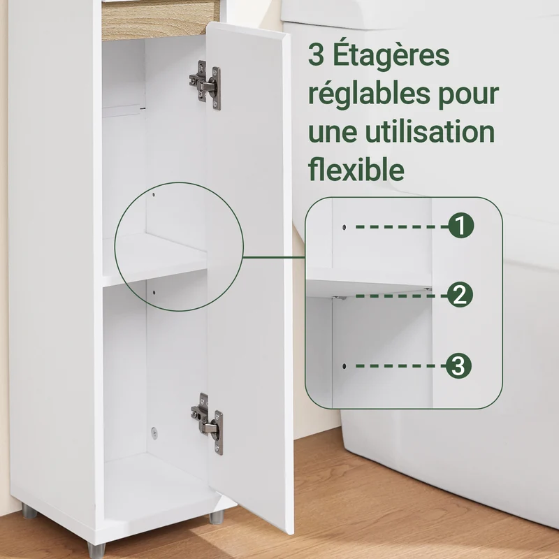 SoBuy BZR151-W Meuble de Salle de Bain Ultra-Étroit avec Étagère Réglable et Tiroir Repositionnable – L20×P20×H96 cm, Charge 30 kg, PB/MDF E1, Blanc