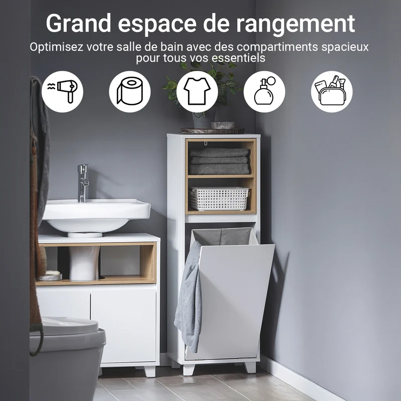 SoBuy BZR146-W Meuble Bas de Salle de Bain, Armoire de Rangement Salle de Bain, Meuble Demi-Colonne sur Pied, Placard WC Étroit avec 1 Panier à Linge, Blanc, 35x30x105cm