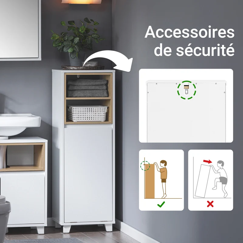 SoBuy BZR146-W Meuble Bas de Salle de Bain, Armoire de Rangement Salle de Bain, Meuble Demi-Colonne sur Pied, Placard WC Étroit avec 1 Panier à Linge, Blanc, 35x30x105cm