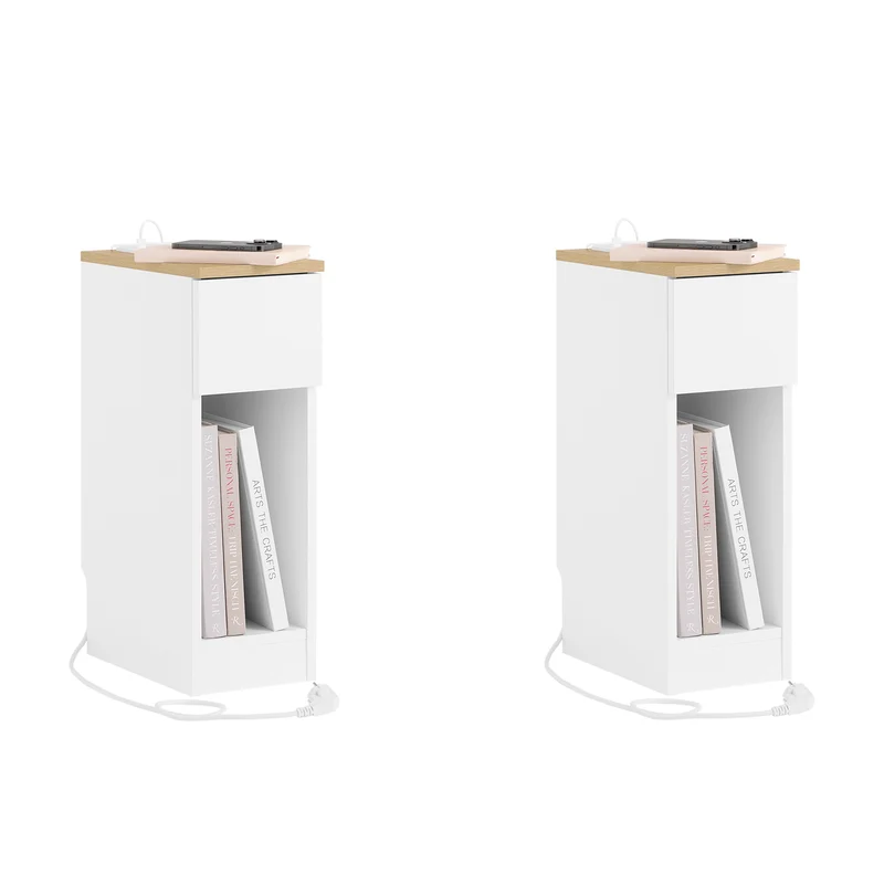 SoBuy FBT111-E-WNx2 Lot de 2 Tables de Chevet Slim 20 cm avec Station de Charge Intégrée, Prise + USB + Type-C, Tiroir et Étagère – Blanc