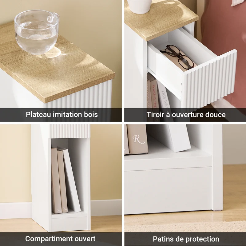 SoBuy FBT111-W Table de chevet étroite 20 cm avec tiroir design et étagère – Table de nuit slim blanche