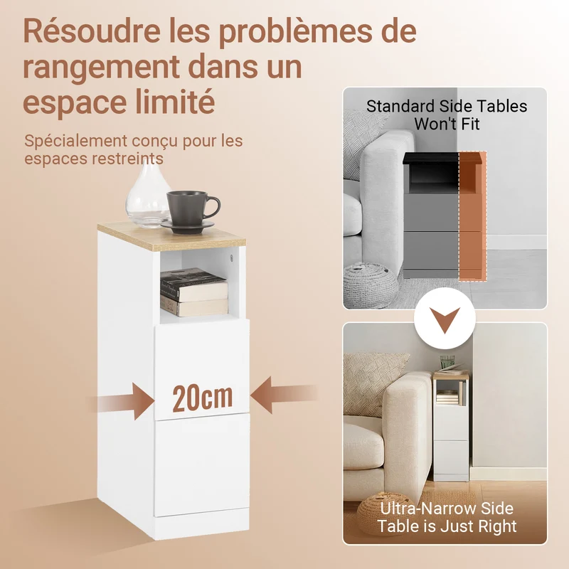 SoBuy FBT149-WN Table de Chevet Étroit 20 cm, 2 Tiroirs et Étagère – Table de Nuit Slim Gain de Place, Blanc Naturel