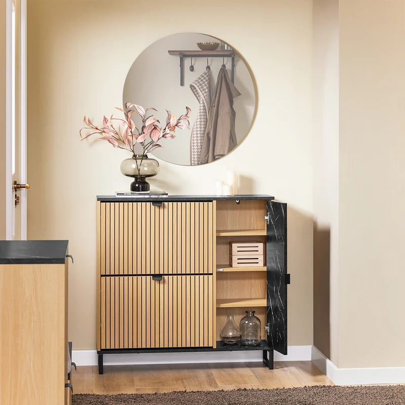 SoBuy FSR203-N Armoire à Chaussures avec 2 Abattants et Porte Latérale – L90×P24×H88 cm, 8 Paires, Charge 60 kg, Style Nordique, Naturel et Noir