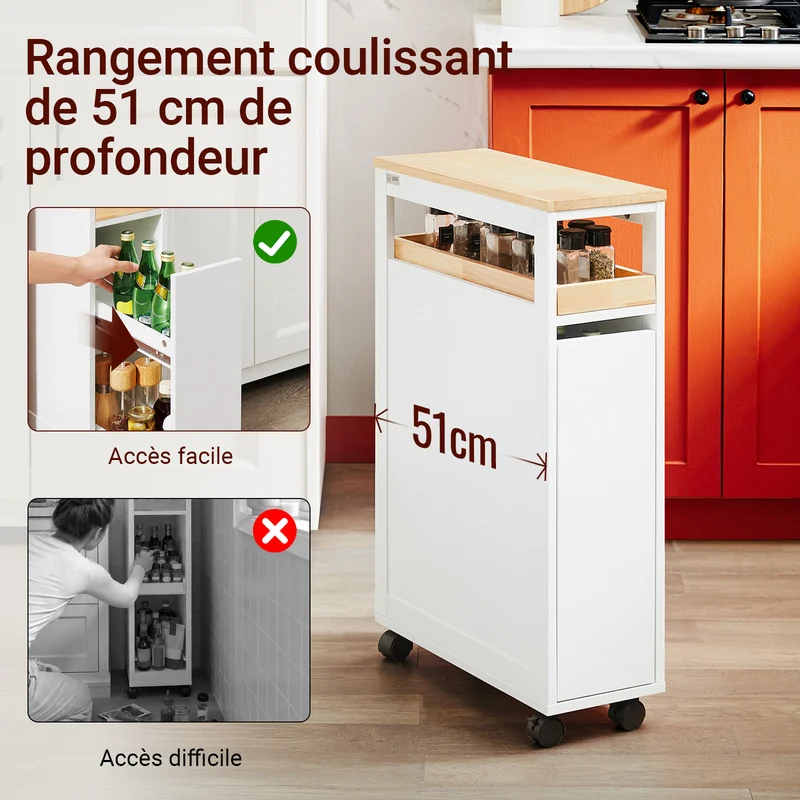 SoBuy NSR11-WN Chariot de Cuisine à Roulettes Slim 20 cm, Plan de Travail Bois, Tiroir 2 Niveaux, 4 Roulettes – L20 × P51 × H79 cm