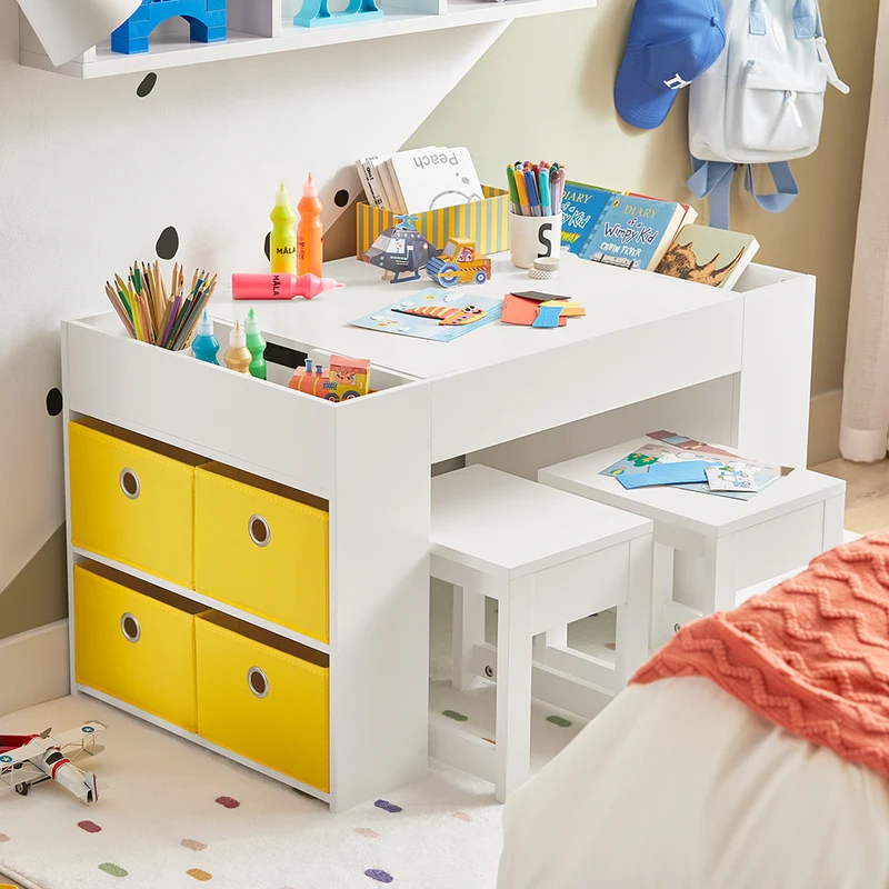 SoBuy KMB75-W Table Enfant avec Rangement et 2 Chaises – Plateau Double Face Construction, Blanc