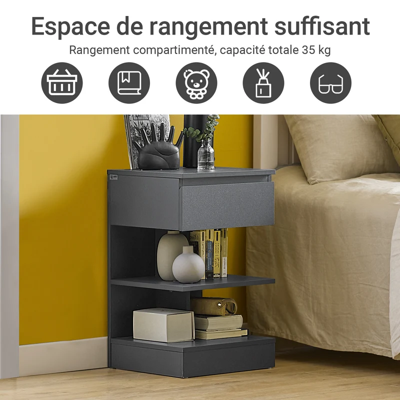 SoBuy FBT49-HG Table de Chevet - Table de Nuit avec 1 tiroir et 2 étagères, Table d'appoint pour Chambre à Coucher - Meuble de Rangement Moderne L39 x P39 x H65 cm Gris