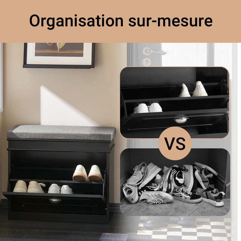 SoBuy FSR82-K-SCH Banc à Chaussures avec Coussin Rembourré et 1 Abattant, Slim 24cm pour Entrée – 60x24x51 cm, Noir