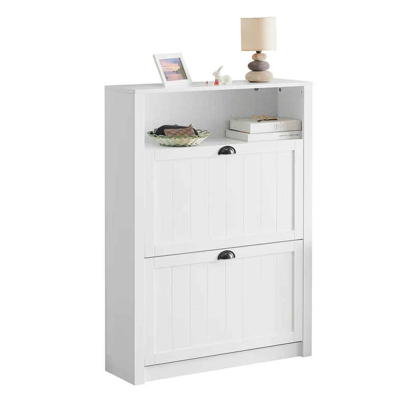 SoBuy FSR87-W Armoire à Chaussures 2 Abattants et Compartiment Ouvert – 80×24×110 cm, 50 kg, MDF E1, Blanc