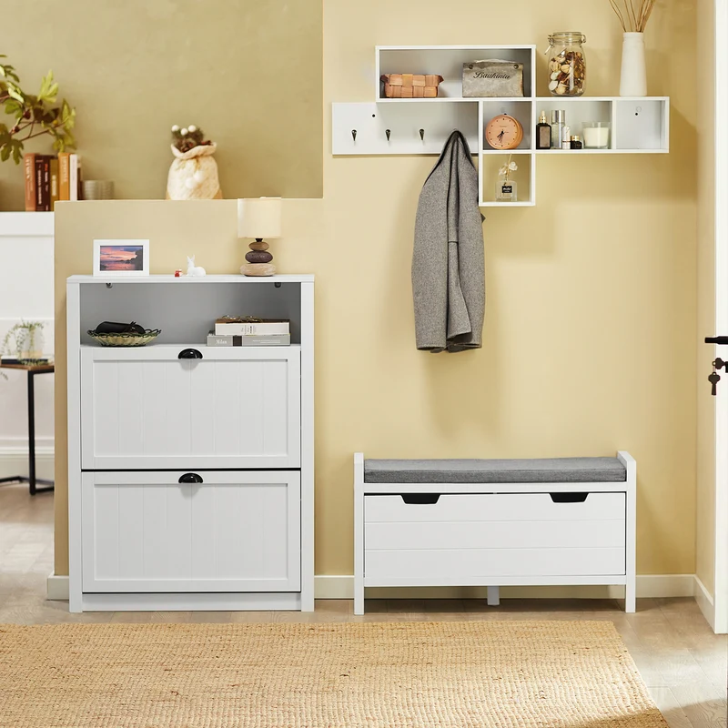 SoBuy FSR87-W Armoire à Chaussures 2 Abattants et Compartiment Ouvert – 80×24×110 cm, 50 kg, MDF E1, Blanc