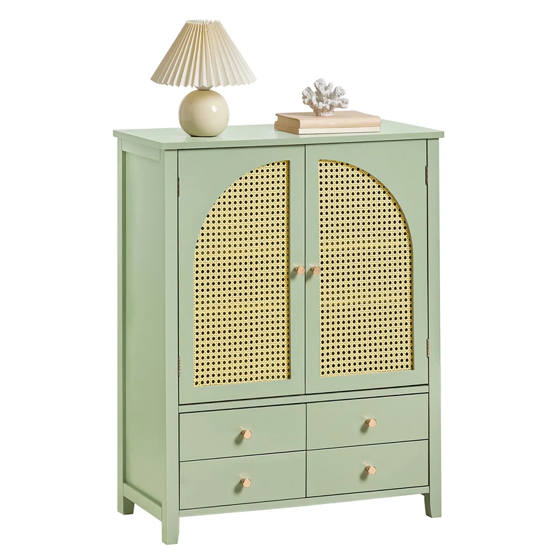 SoBuy FSB72-GR Meuble d’Entrée Rotin Vert avec 4 tiroirs 70x34x90cm, Style Bohème Naturel