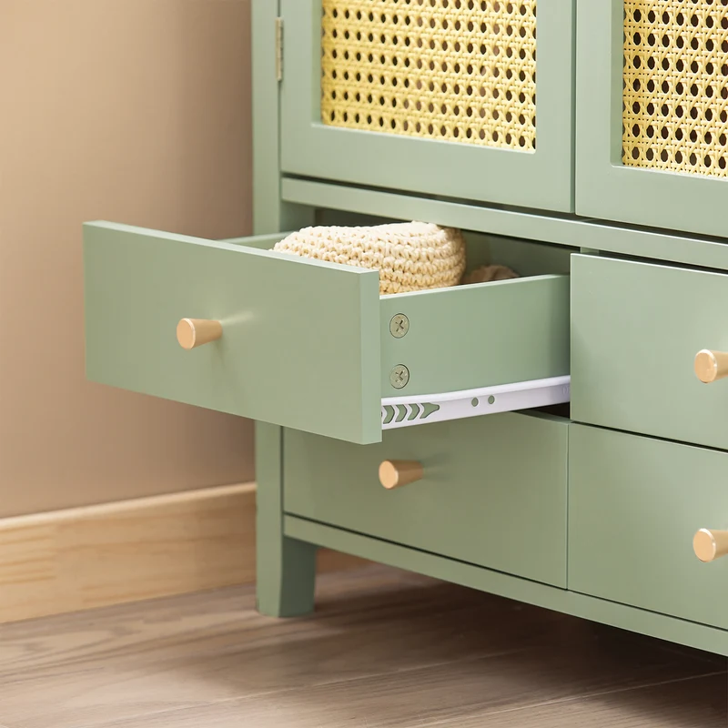 SoBuy FSB72-GR Meuble d’Entrée Rotin Vert avec 4 tiroirs 70x34x90cm, Style Bohème Naturel