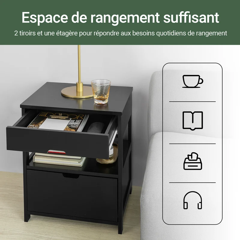 sebuyfr.comG258-SCH Table de Chevet avec 2 tiroirs et étagère, Table de Nuit pour Chambre à Coucher - Meuble de Rangement Moderne L45 x P38 x H55 cm Noir
