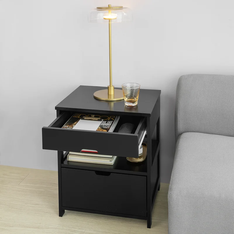 sebuyfr.comG258-SCH Table de Chevet avec 2 tiroirs et étagère, Table de Nuit pour Chambre à Coucher - Meuble de Rangement Moderne L45 x P38 x H55 cm Noir