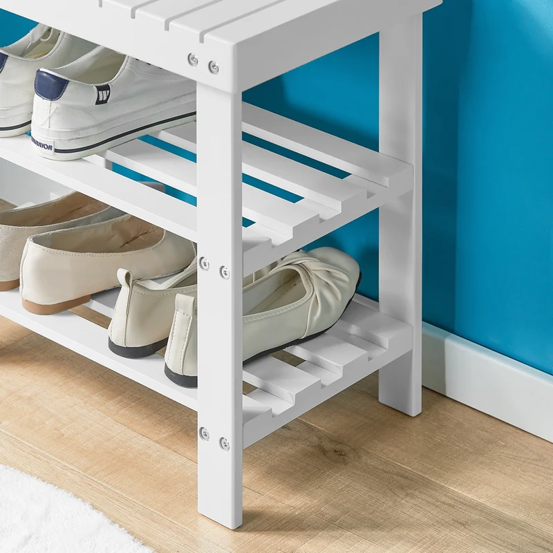 SoBuy FSR02-K-W Banc à Chaussures en Bambou avec Assise et Étagère de Rangement pour Entrée – 50x29x46 cm, Blanc