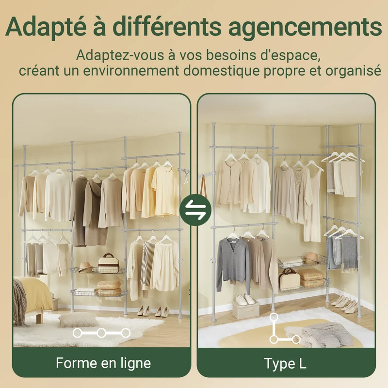 SoBuy KLS04-II-HG Portant à vêtements télescopique solide - Penderie ouverte réglable avec tringles et étagères, Porte manteau pour chambre/dressing, Gris