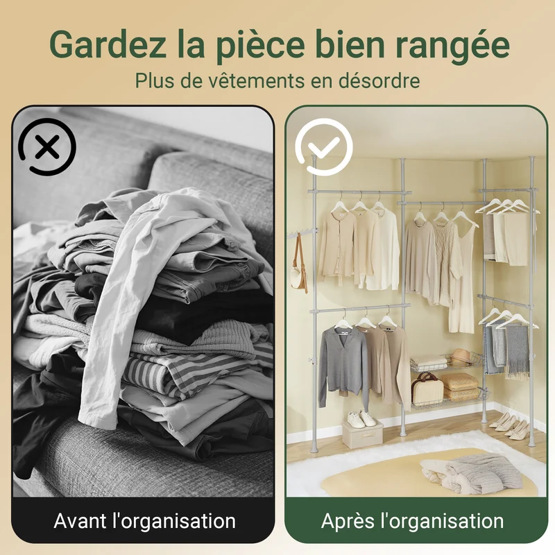 SoBuy KLS04-II-HG Portant à vêtements télescopique solide - Penderie ouverte réglable avec tringles et étagères, Porte manteau pour chambre/dressing, Gris