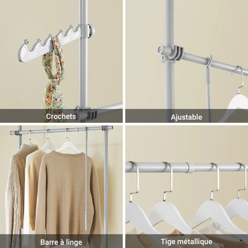 SoBuy KLS03-II-HG Portant à vêtements télescopique robuste – Penderie ouverte réglable avec tringles pour chambre/dressing, Gris