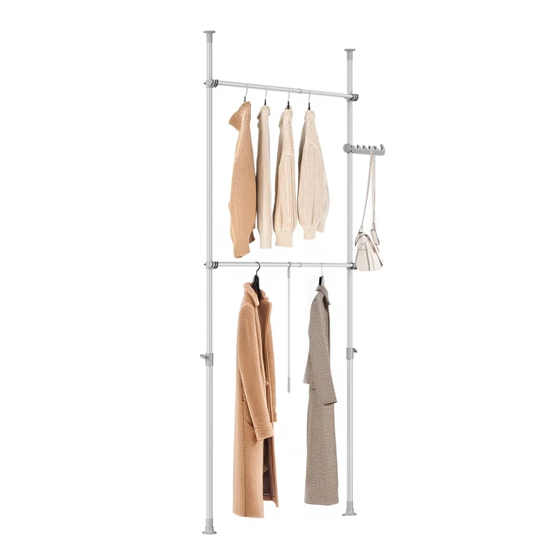 sebuyfr.comG109-II-HG Tringle à Vêtements Télescopique, Portant à Vêtements Robuste, Penderie Ouverte Réglable avec Barres de Suspension pour Chambre, Dressing, Gris