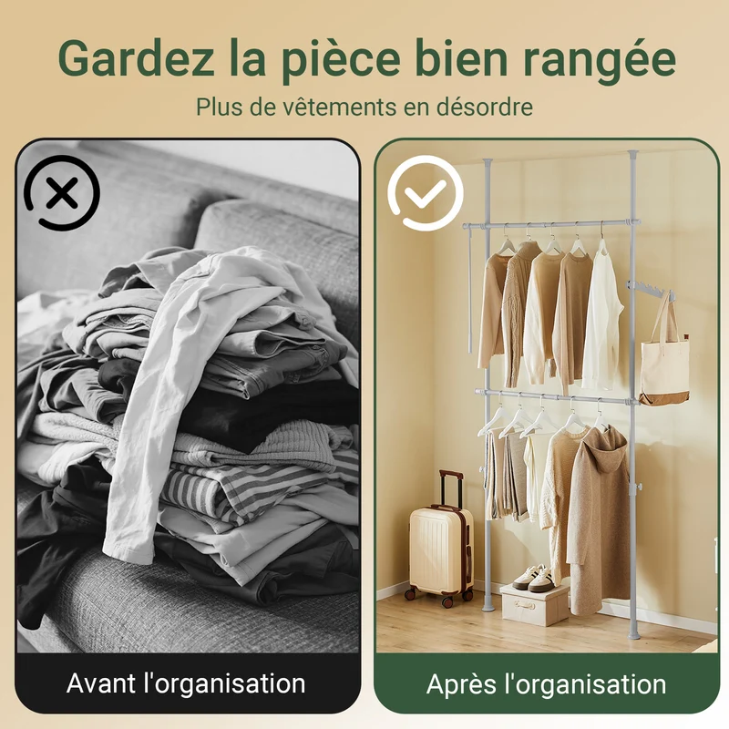 SoBuy FRG109-II-HG Tringle à Vêtements Télescopique, Portant à Vêtements Robuste, Penderie Ouverte Réglable avec Barres de Suspension pour Chambre, Dressing, Gris