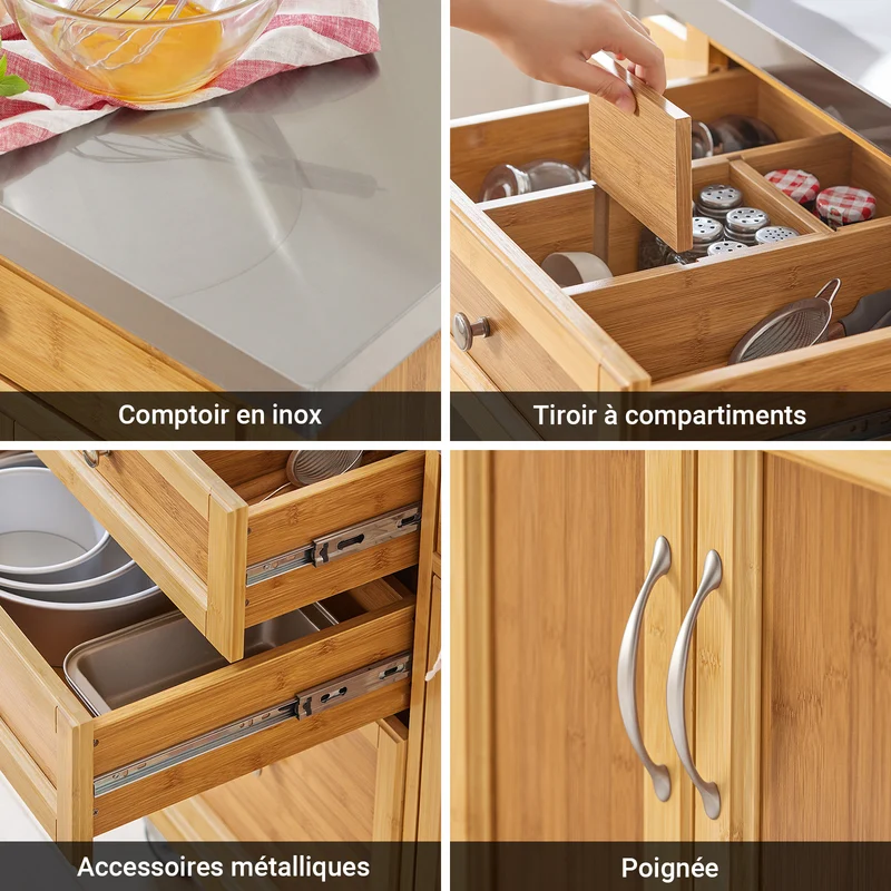 SoBuy FKW70-N Îlot Central de Cuisine sur Roulettes, Plan de Travail INOX, 4 Tiroirs, Chariot Mobile avec Rangement – 115x46x92cm, Naturel
