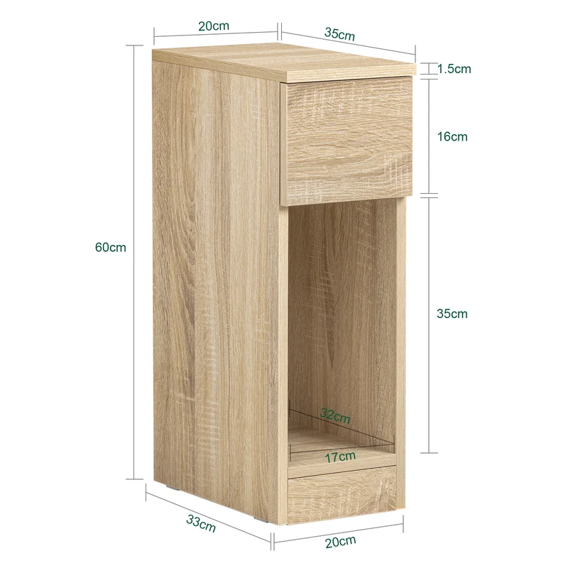 SoBuy FBT111-N Table de Chevet Ultra-Fine avec Tiroir et Étagère – L20×P35×H60 cm, Charge max. 20 kg, MDF/PB E1, Naturel