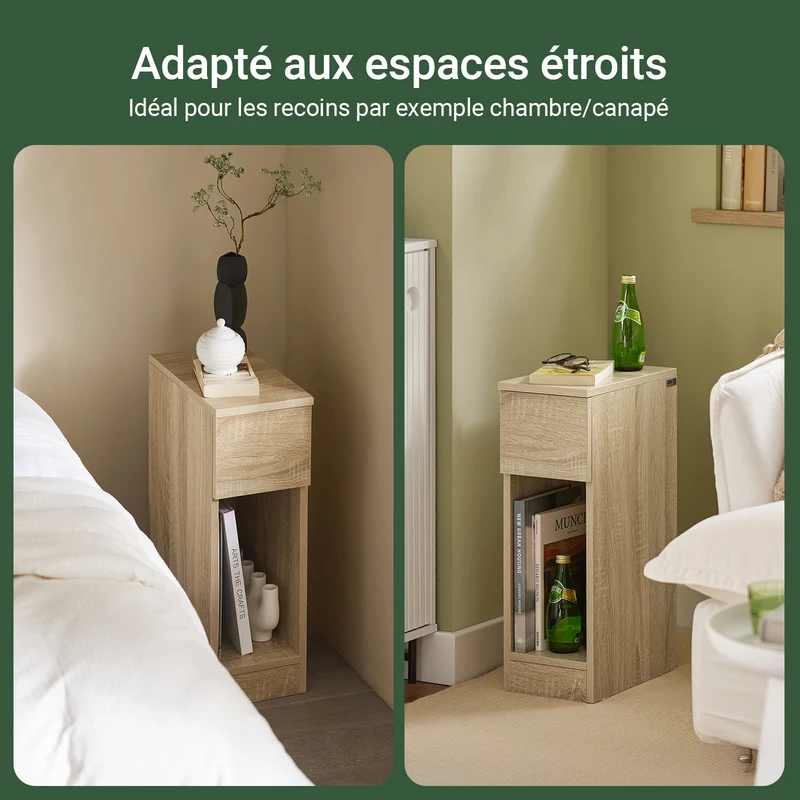 SoBuy FBT111-N Table de Chevet Ultra-Fine avec Tiroir et Étagère – L20×P35×H60 cm, Charge max. 20 kg, MDF/PB E1, Naturel