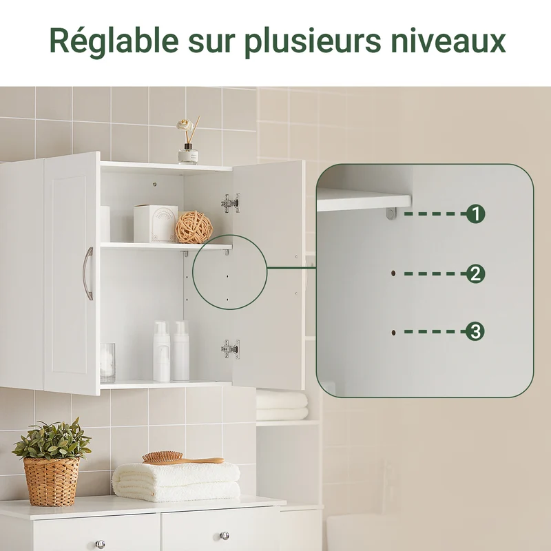 sebuyfr.comG231-W Armoire Murale Salle de Bain avec Porte et Étagère Réglable – L60×P30×H60 cm, Charge 25 kg, MDF E1, Blanc