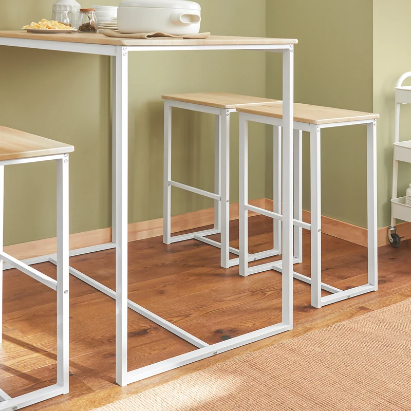SoBuy OGT15-WN Ensemble Table Haute avec 1 Table et 4 Tabourets, Format Gain de Place, Format Compact, Design Fonctionnel – L100×P60×H96 cm, Blanc et Naturel