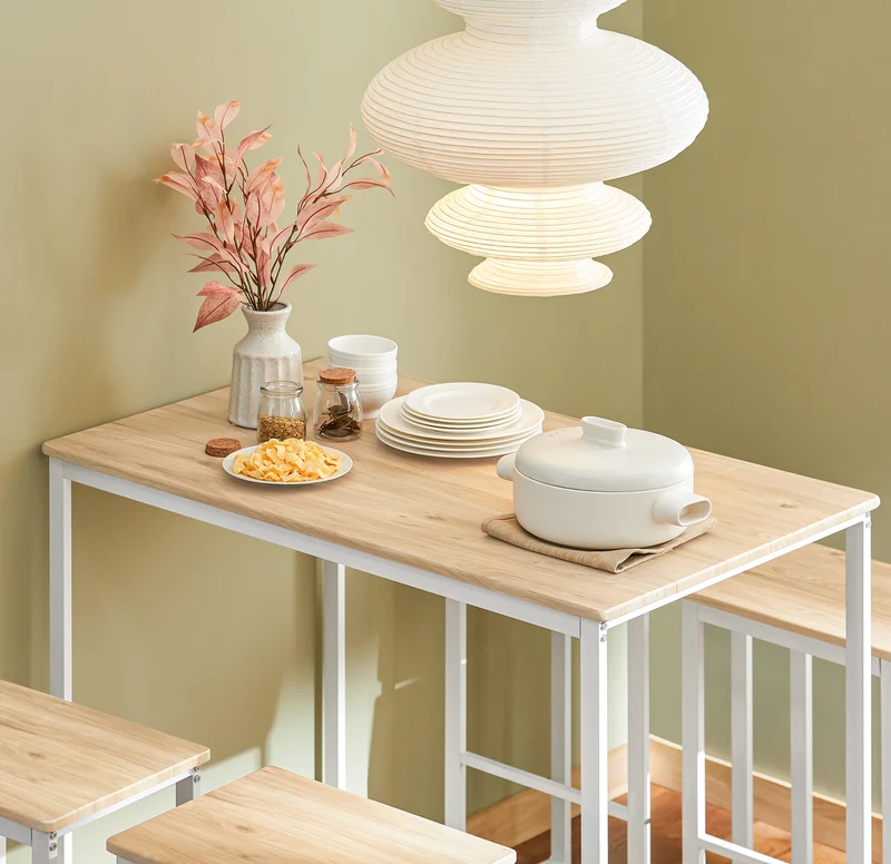 SoBuy OGT15-WN Ensemble Table Haute avec 1 Table et 4 Tabourets, Format Gain de Place, Format Compact, Design Fonctionnel – L100×P60×H96 cm, Blanc et Naturel