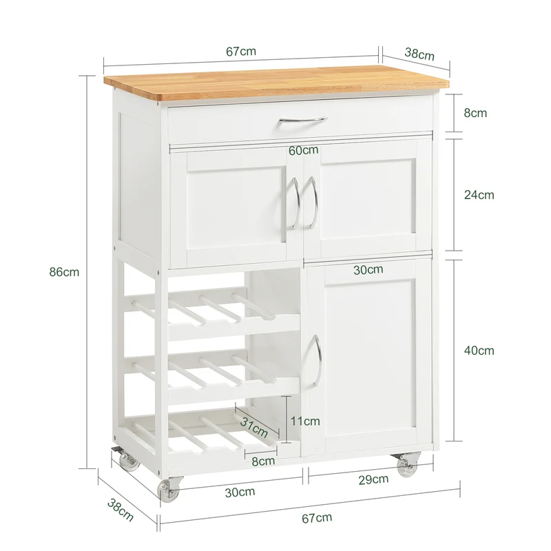 SoBuy FKW45-WN Desserte cuisine bois massif 67 cm avec plan en hévéa, tiroir et casier à vin – Blanc et naturel