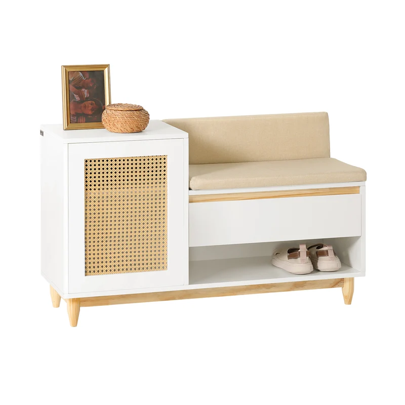 SoBuy FSR128-W Banc à Chaussures 100cm – Coussin Rembourré, Tiroir, Porte Treillis, Pin Massif – Blanc