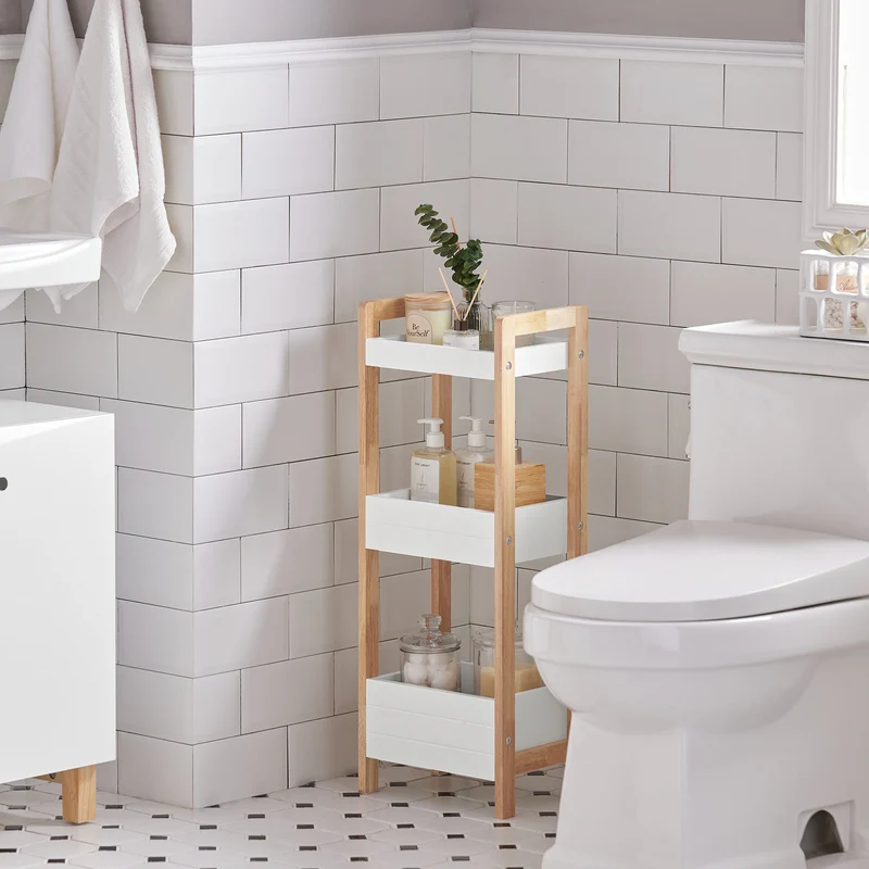 sobuyes.shopG226-WN Tour de rangement salle de bain 20 cm avec 3 paniers – Blanc et bois