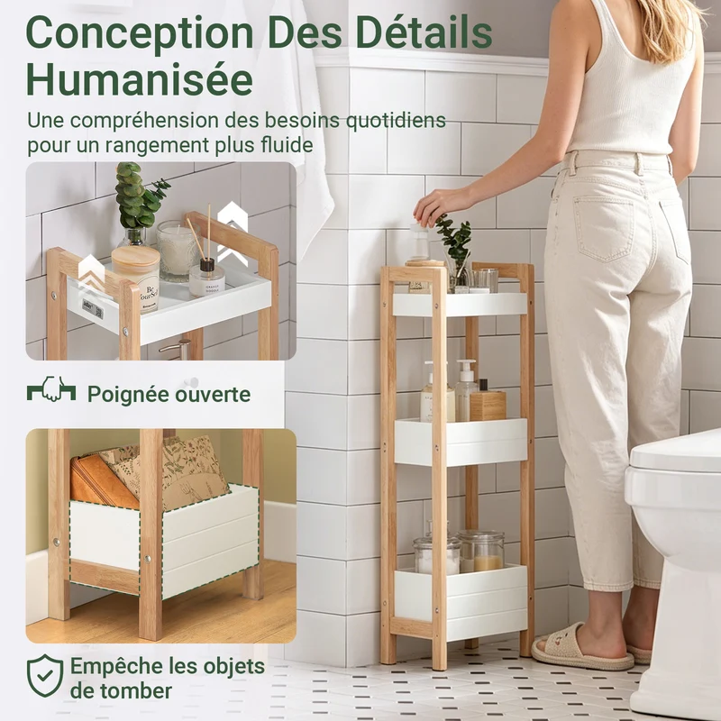 sobuyes.shopG226-WN Tour de rangement salle de bain 20 cm avec 3 paniers – Blanc et bois