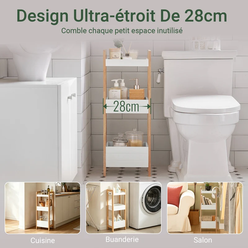 sobuyes.shopG226-WN Tour de rangement salle de bain 20 cm avec 3 paniers – Blanc et bois