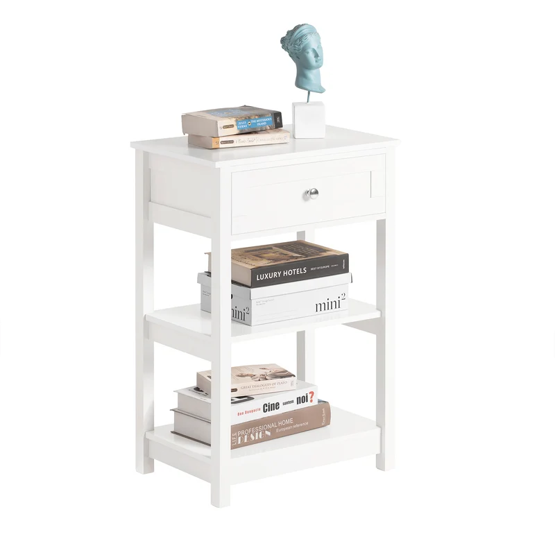 SoBuy FBT46-W Table de Chevet avec 1 Tiroir & 2 Étagères, Table d'appoint Moderne, Blanche, L45 x P30 x H68cm