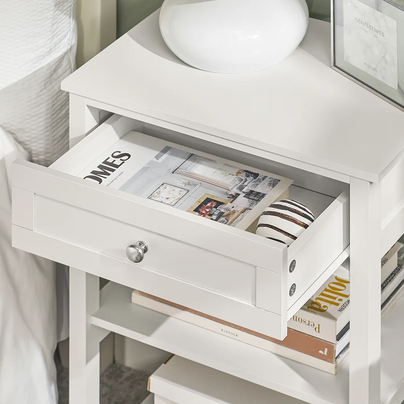 SoBuy FBT46-W Table de Chevet avec 1 Tiroir & 2 Étagères, Table d'appoint Moderne, Blanche, L45 x P30 x H68cm
