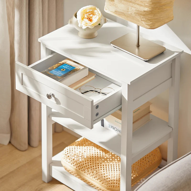 SoBuy FBT46-W Table de Chevet avec 1 Tiroir & 2 Étagères, Table d'appoint Moderne, Blanche, L45 x P30 x H68cm