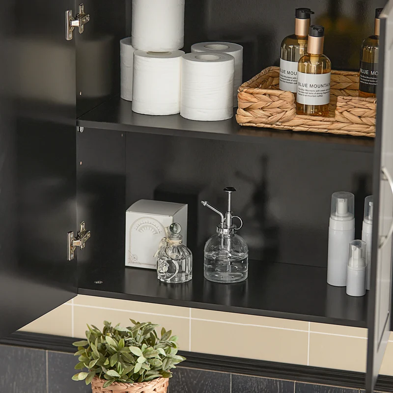 SoBuy FRG231-SCH Meuble Haut Salle de Bain Suspendu Armoire Murale avec Étagère Réglable et Porte Rangement Mural Compact pour Salle de Bain, WC ou Cuisine Noir L60xP30xH60 cm