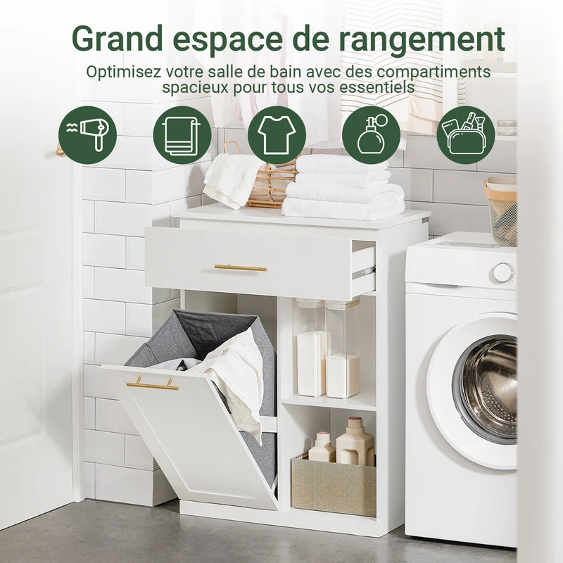 SoBuy BZR66-W Meuble Salle de Bain avec Panier à Linge Amovible, 1 Tiroir et 2 Étagères – Rangement Compact Blanc – 66×37×95 cm