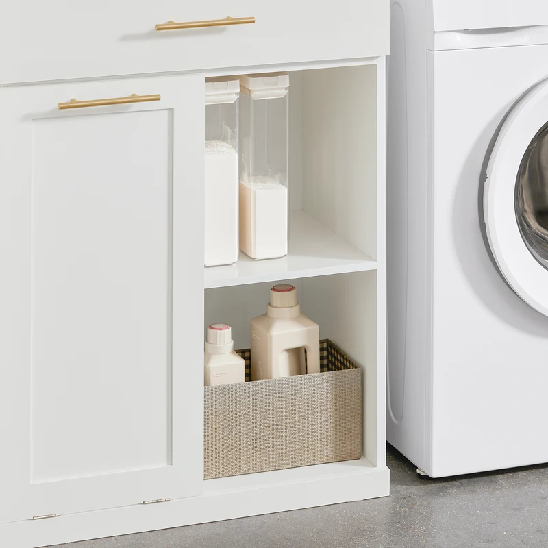 SoBuy BZR66-W Meuble Salle de Bain avec Panier à Linge Amovible, 1 Tiroir et 2 Étagères – Rangement Compact Blanc – 66×37×95 cm