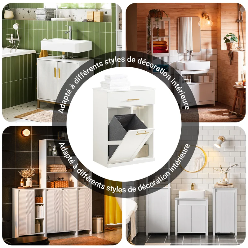 SoBuy BZR66-W Meuble Salle de Bain avec Panier à Linge Amovible, 1 Tiroir et 2 Étagères – Rangement Compact Blanc – 66×37×95 cm