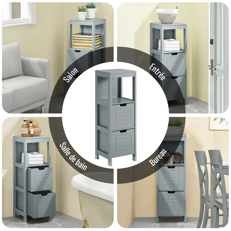 sebuyfr.comG127-SG Colonne Salle de Bain avec 2 Paniers, Format Compact, Design Moderne, pour Salle de Bain et WC, Rangement Optimisé – L30×P30×H89 cm, Bois, Gris