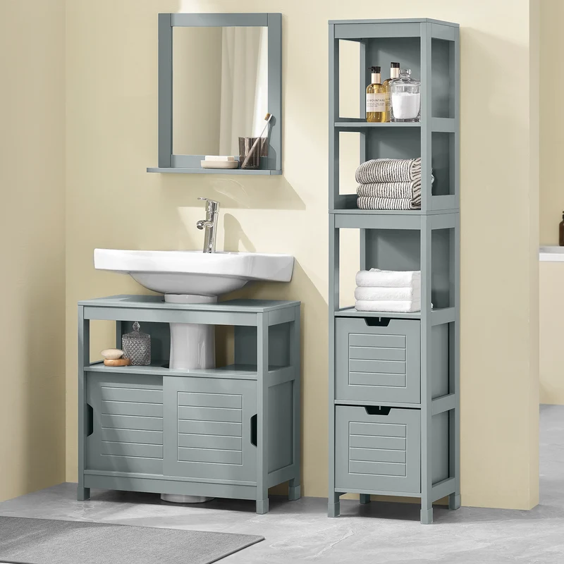 sobuyes.shopG126-SG Colonne Salle de Bain avec 4 Étagères et 2 Tiroirs, Gain de Place, pour Salle de Bain et WC, Usage Quotidien – L30×P30×H140 cm, Bois, Gris Clair
